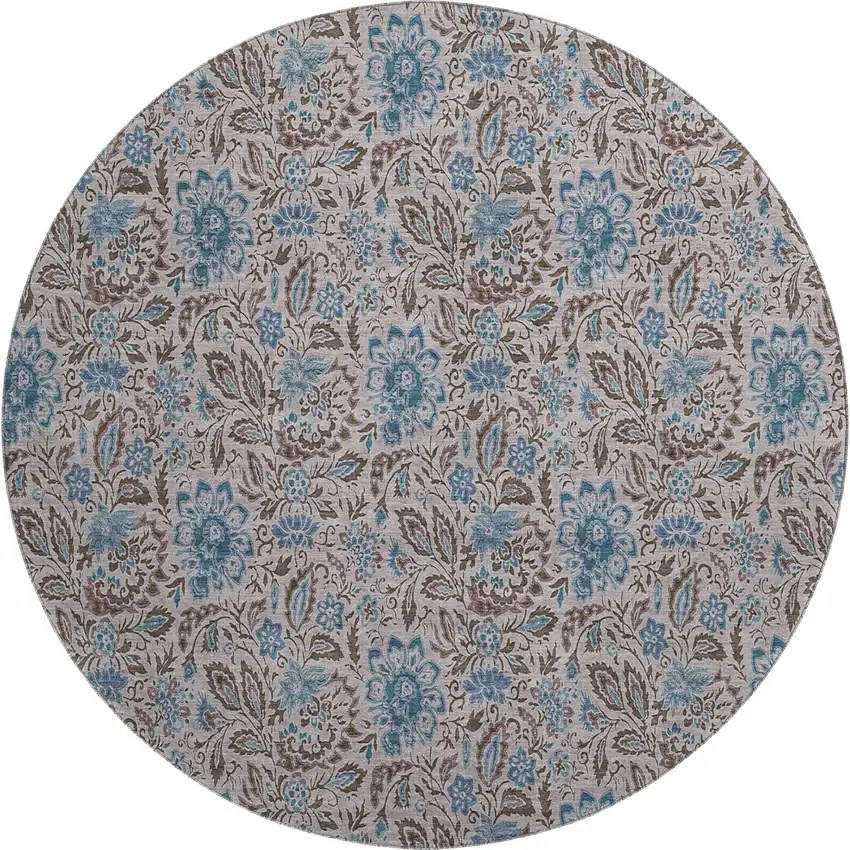 8' Coffee And Blue Floral Washable Round Rug With UV Protection Photo 1