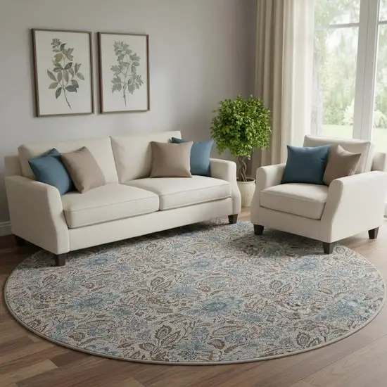 8' Coffee And Blue Floral Washable Round Rug With UV Protection Photo 1