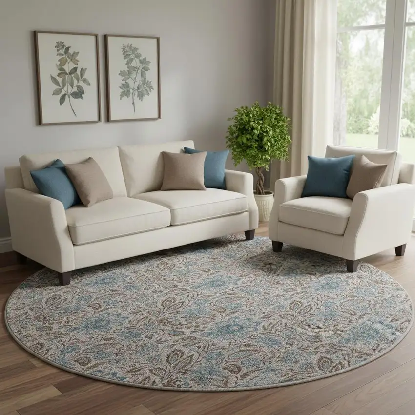 8' Coffee And Blue Floral Washable Round Rug With UV Protection Photo 1