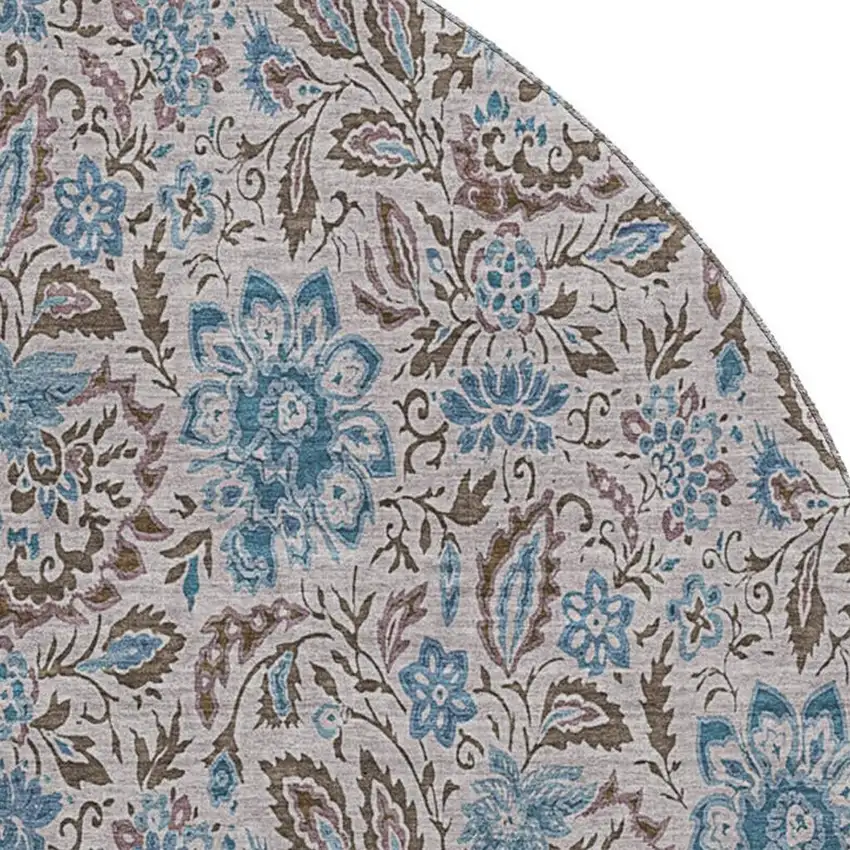 8' Coffee And Blue Floral Washable Round Rug With UV Protection Photo 4