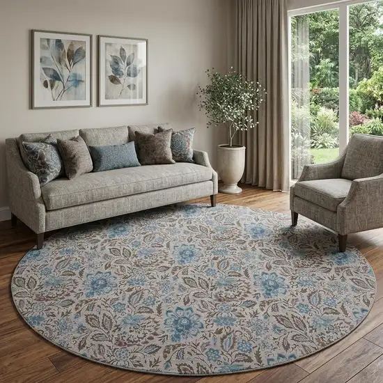 8' Coffee And Blue Floral Washable Round Rug With UV Protection Photo 1