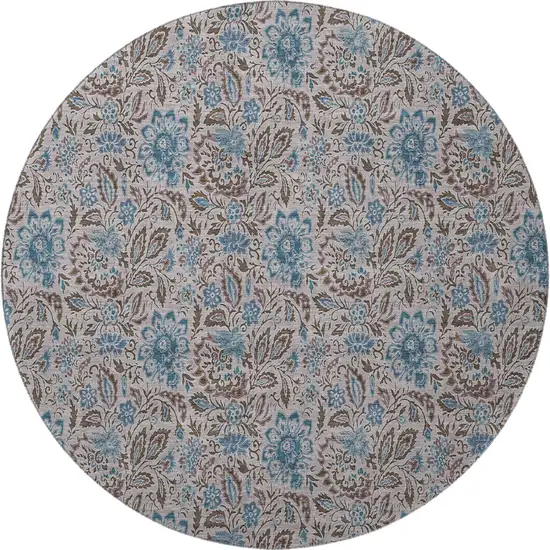 8' Coffee And Blue Floral Washable Round Rug With UV Protection Photo 3
