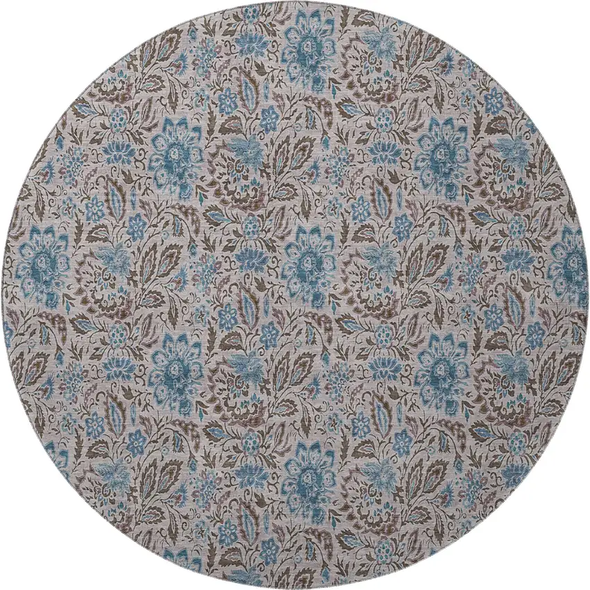 8' Coffee And Blue Floral Washable Round Rug With UV Protection Photo 3