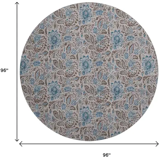 8' Coffee And Blue Floral Washable Round Rug With UV Protection Photo 6