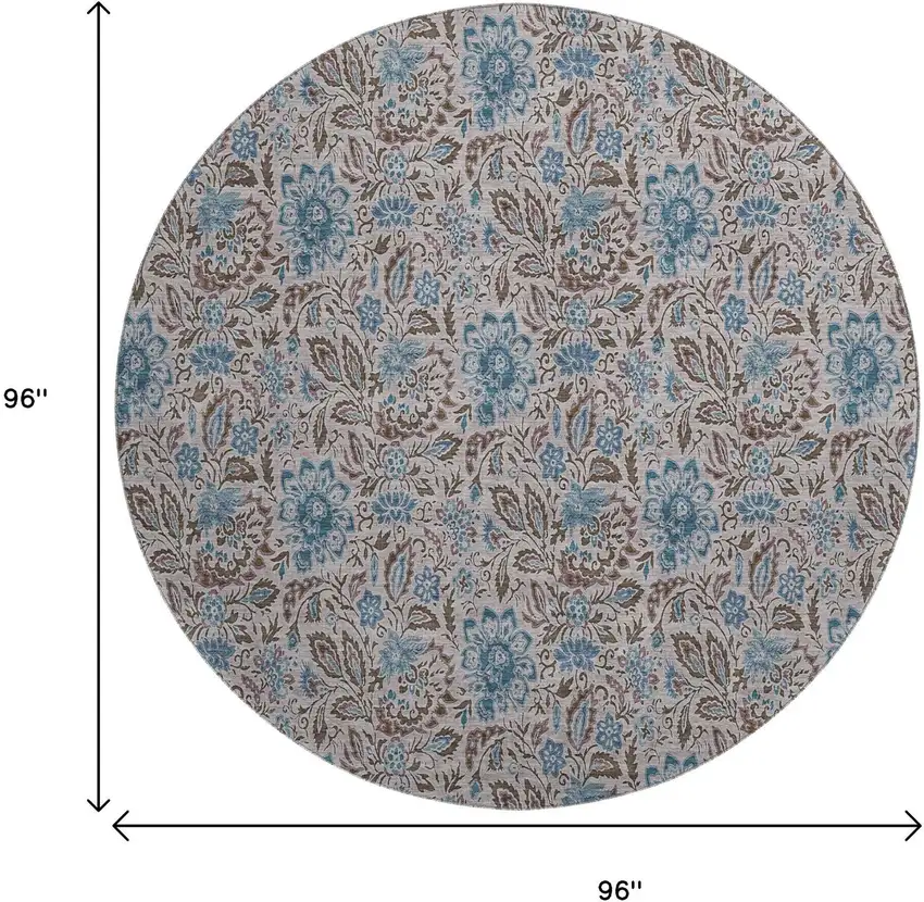 8' Coffee And Blue Floral Washable Round Rug With UV Protection Photo 6