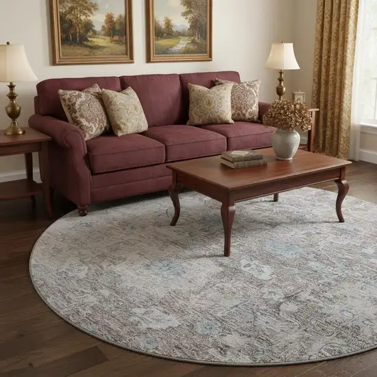 8' Coffee And Blue Floral Washable Round Rug With UV Protection Photo 2