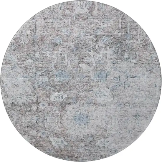 8' Coffee And Blue Floral Washable Round Rug With UV Protection Photo 4