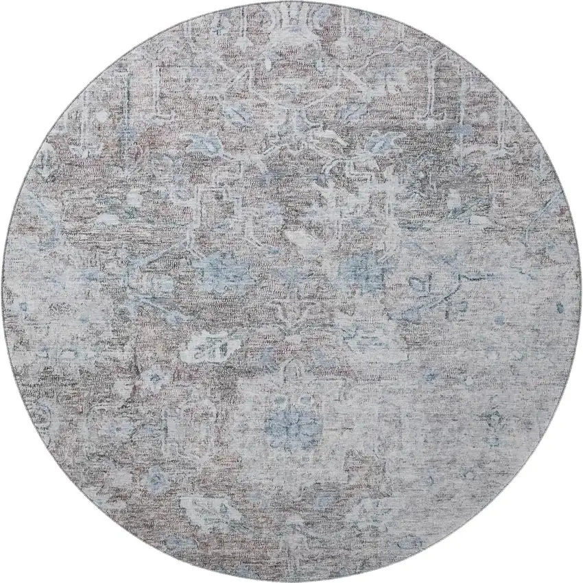 8' Coffee And Blue Floral Washable Round Rug With UV Protection Photo 4