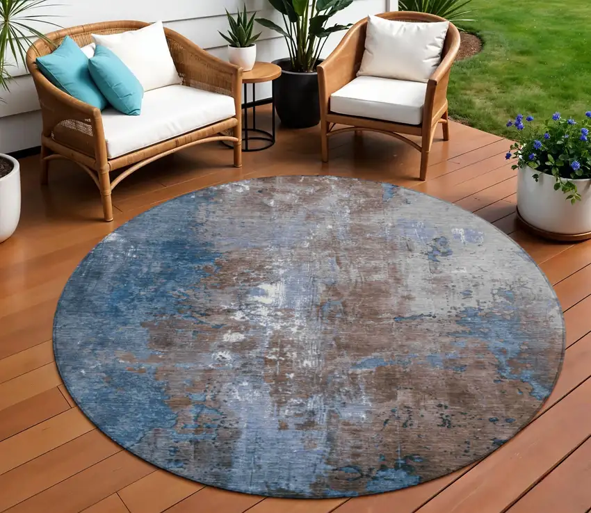 8' Coffee And Blue Round Abstract Washable Indoor Outdoor Area Rug Photo 2