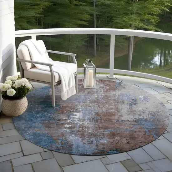 8' Coffee And Blue Round Abstract Washable Indoor Outdoor Area Rug Photo 5