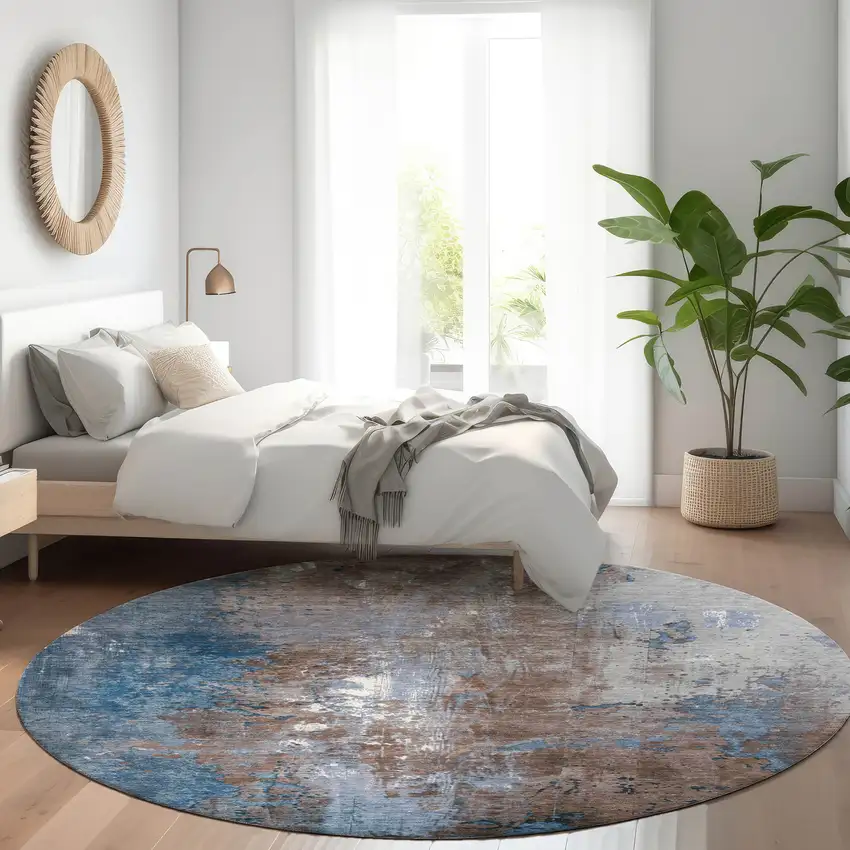 8' Coffee And Blue Round Abstract Washable Indoor Outdoor Area Rug Photo 6