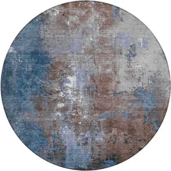 8' Coffee And Blue Round Abstract Washable Indoor Outdoor Area Rug Photo 1