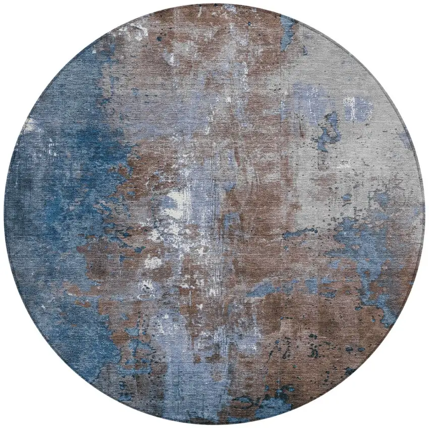 8' Coffee And Blue Round Abstract Washable Indoor Outdoor Area Rug Photo 3