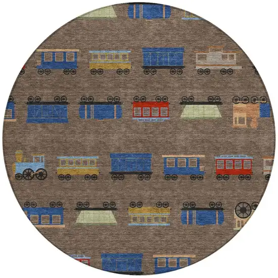 8' Coffee And Brown Round Abstract Washable Indoor Outdoor Area Rug Photo 3