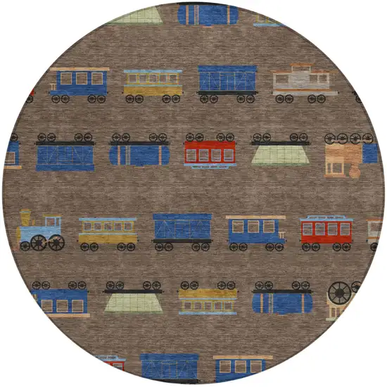 8' Coffee And Brown Round Abstract Washable Indoor Outdoor Area Rug Photo 1