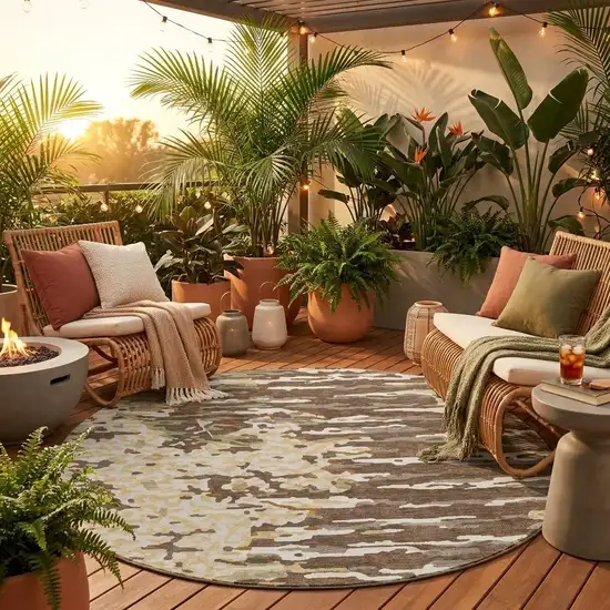 8' Coffee And Brown Round Abstract Washable Indoor Outdoor Area Rug Photo 1