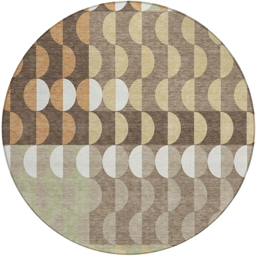 8' Coffee And Brown Round Geometric Washable Indoor Outdoor Area Rug Photo 2