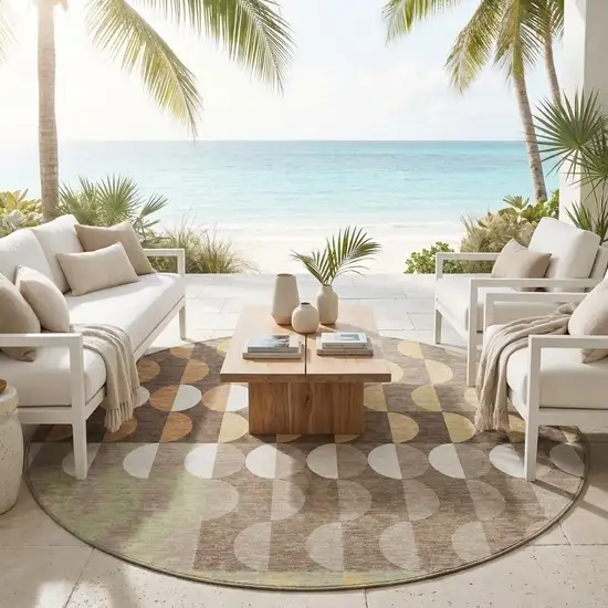 8' Coffee And Brown Round Geometric Washable Indoor Outdoor Area Rug Photo 1