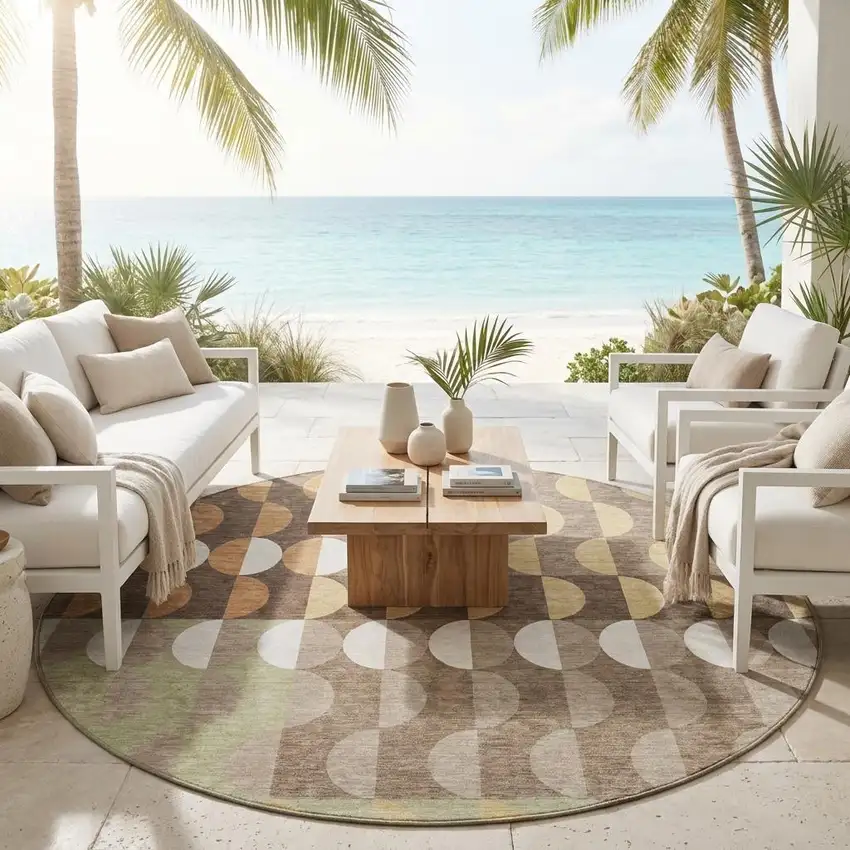 8' Coffee And Brown Round Geometric Washable Indoor Outdoor Area Rug Photo 1