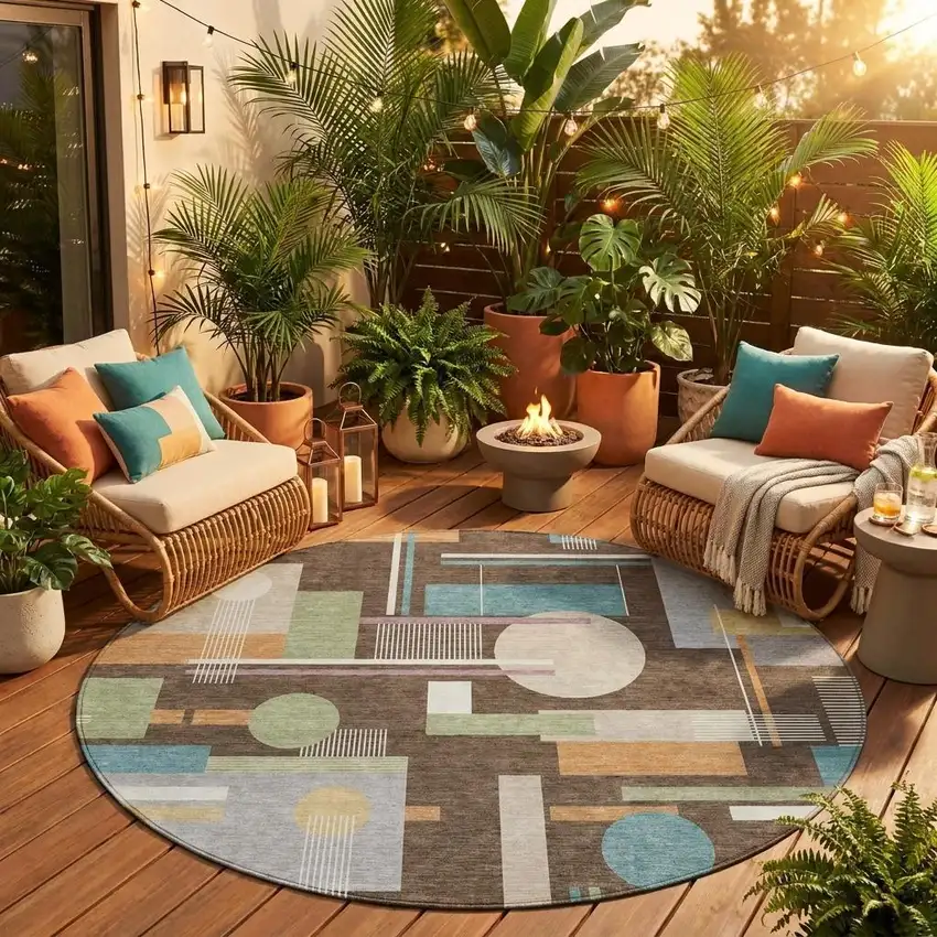 8' Coffee And Brown Round Geometric Washable Indoor Outdoor Area Rug Photo 1