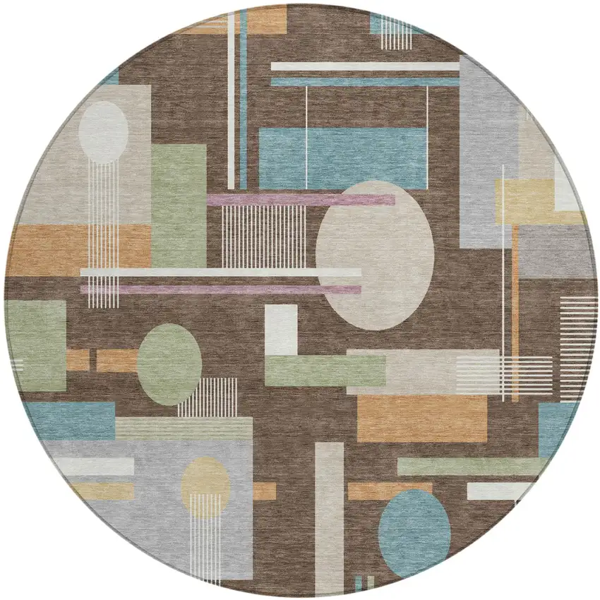 8' Coffee And Brown Round Geometric Washable Indoor Outdoor Area Rug Photo 2