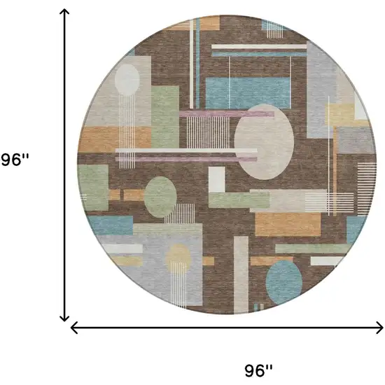 8' Coffee And Brown Round Geometric Washable Indoor Outdoor Area Rug Photo 5