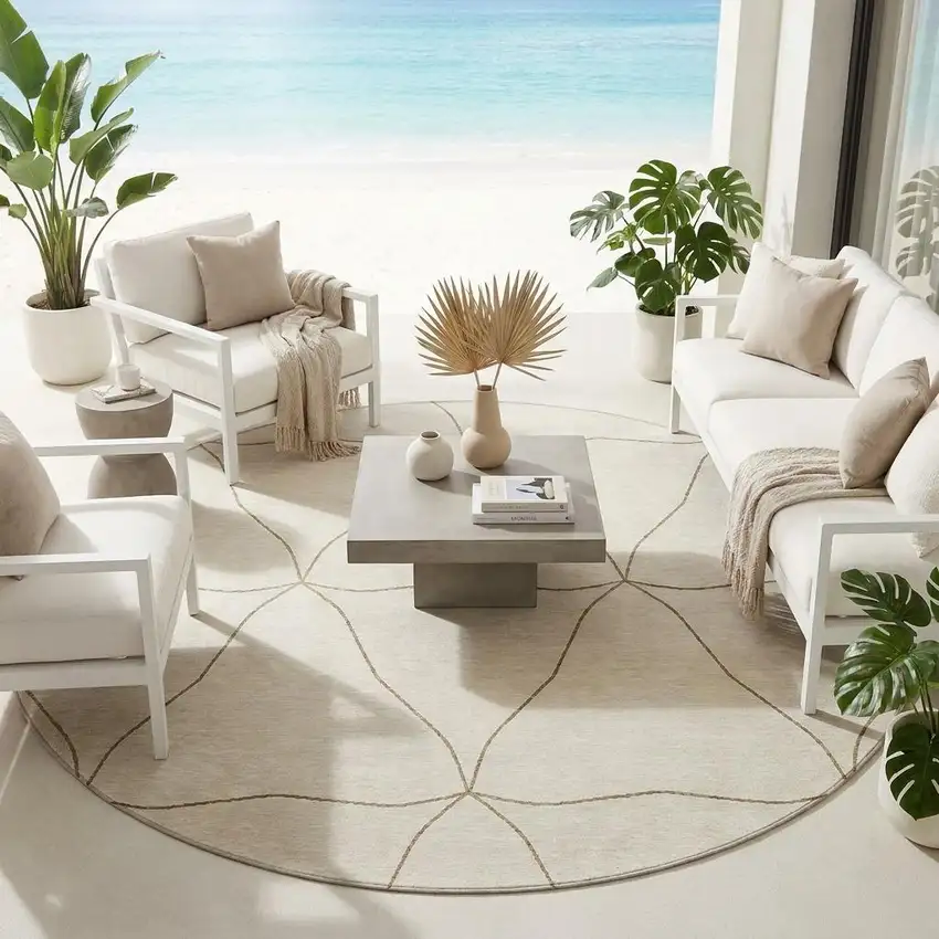 8' Coffee And Brown Round Geometric Washable Indoor Outdoor Area Rug Photo 1
