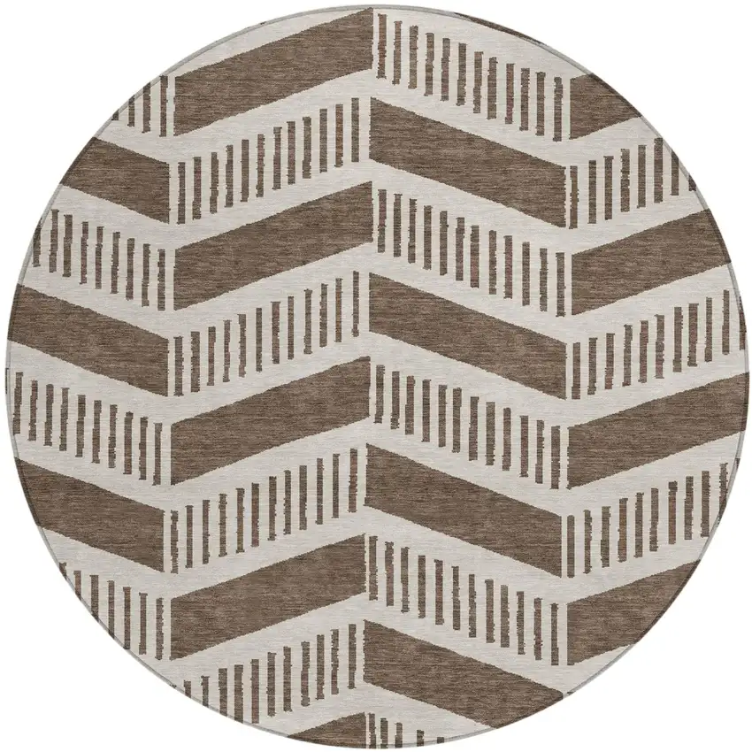 8' Coffee And Brown Round Geometric Washable Indoor Outdoor Area Rug Photo 1