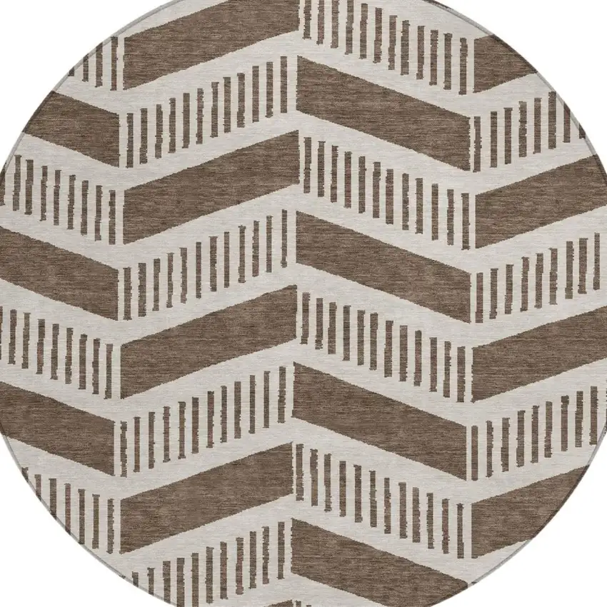 8' Coffee And Brown Round Geometric Washable Indoor Outdoor Area Rug Photo 3