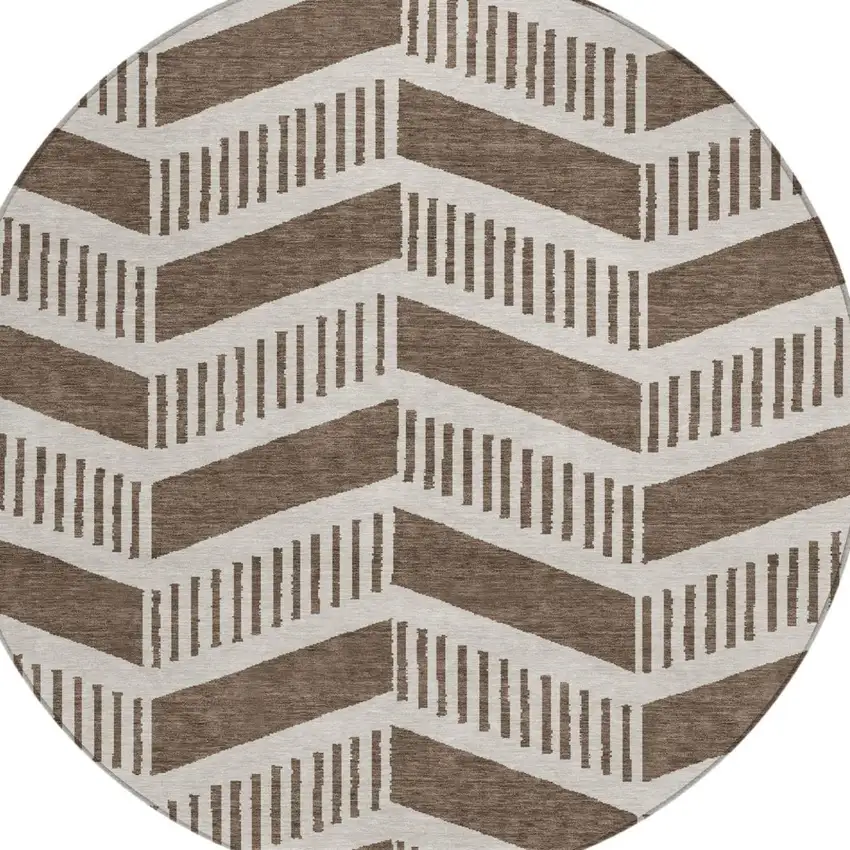 8' Coffee And Brown Round Geometric Washable Indoor Outdoor Area Rug Photo 2