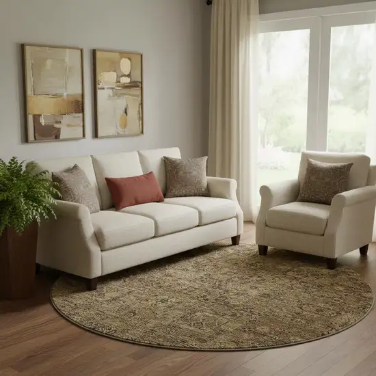 8' Coffee And Charcoal Floral Washable Round Rug With UV Protection Photo 1