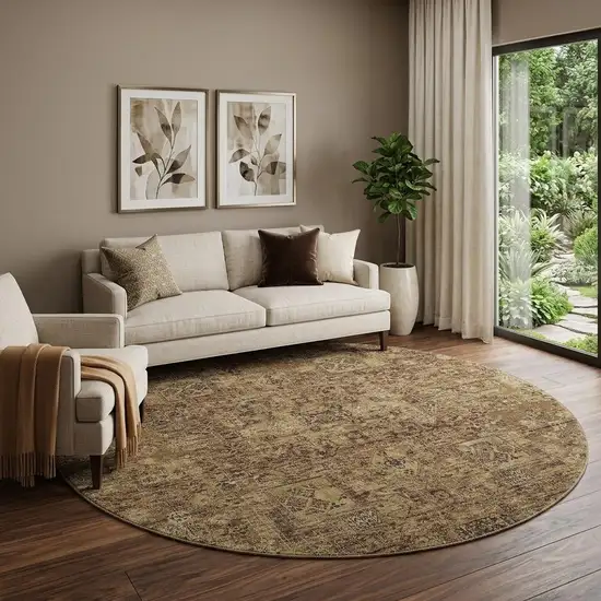 8' Coffee And Charcoal Floral Washable Round Rug With UV Protection Photo 1