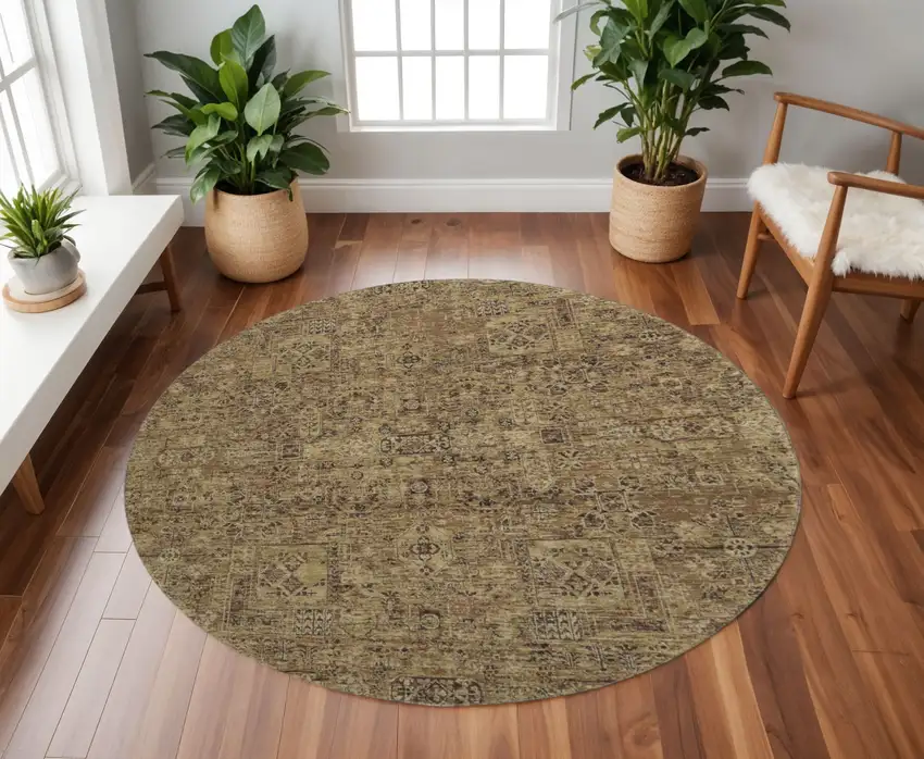 8' Coffee And Charcoal Floral Washable Round Rug With UV Protection Photo 2