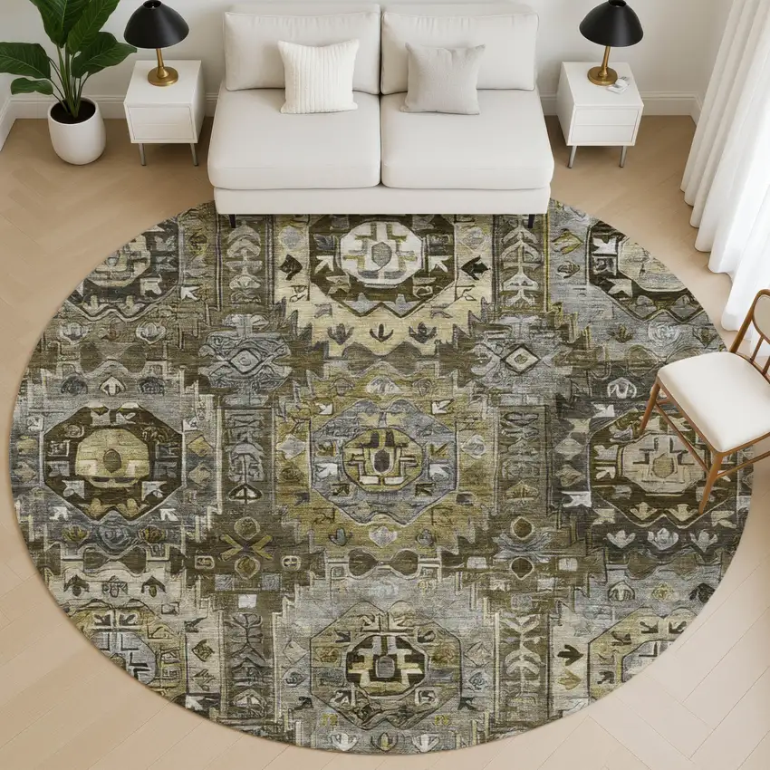 8' Coffee And Charcoal Medallion Washable Round Rug With UV Protection Photo 5