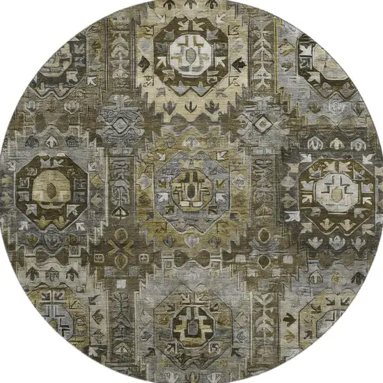 8' Coffee And Charcoal Medallion Washable Round Rug With UV Protection Photo 3