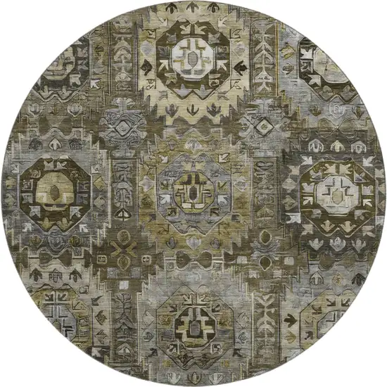 8' Coffee And Charcoal Medallion Washable Round Rug With UV Protection Photo 1