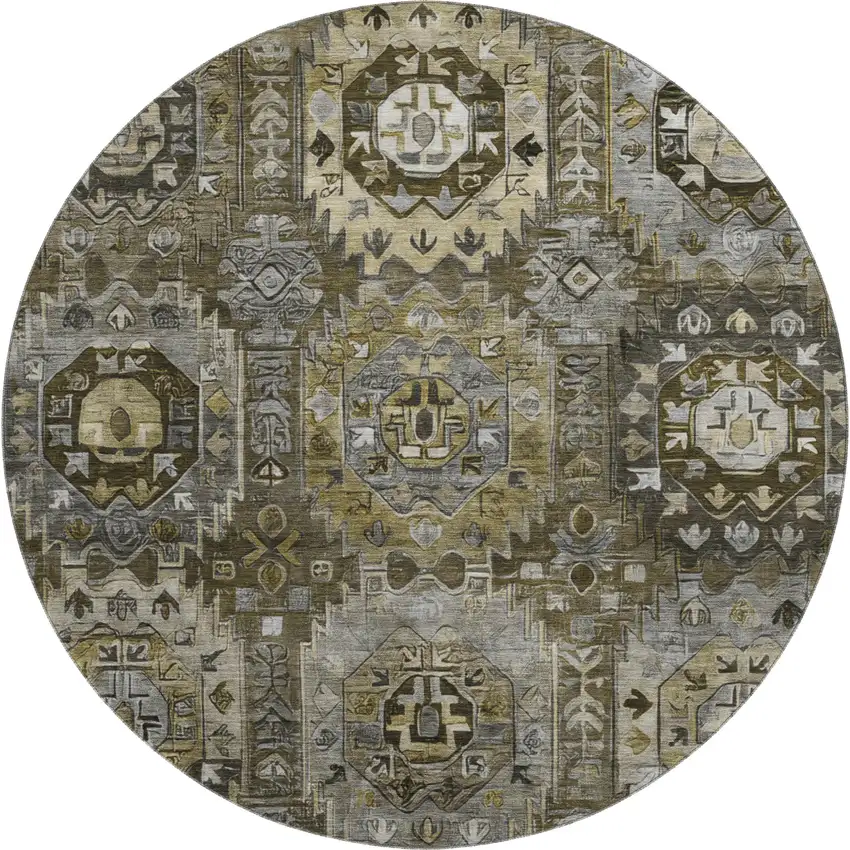 8' Coffee And Charcoal Medallion Washable Round Rug With UV Protection Photo 1