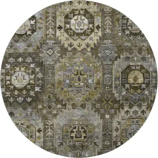 8' Coffee And Charcoal Medallion Washable Round Rug With UV Protection Photo 4