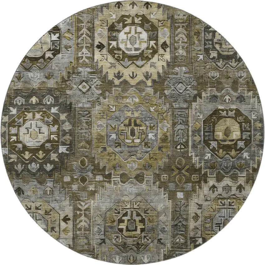 8' Coffee And Charcoal Medallion Washable Round Rug With UV Protection Photo 4