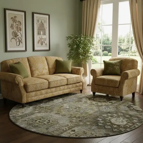 8' Coffee And Charcoal Medallion Washable Round Rug With UV Protection Photo 2