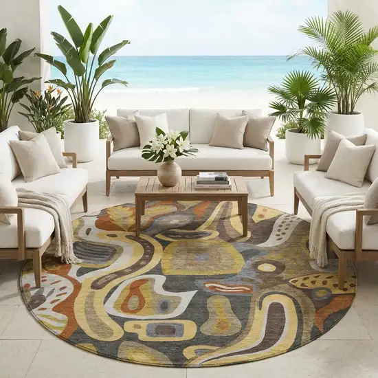 8' Coffee And Chocolate Round Abstract Washable Indoor Outdoor Area Rug Photo 1