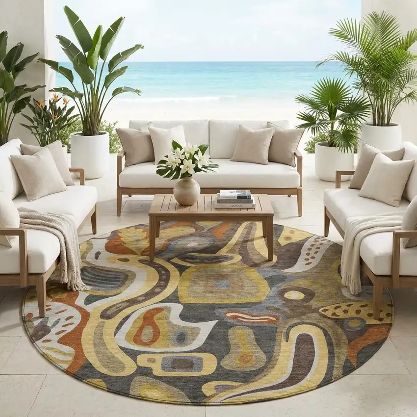 8' Coffee And Chocolate Round Abstract Washable Indoor Outdoor Area Rug Photo 1