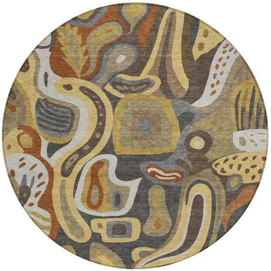8' Coffee And Chocolate Round Abstract Washable Indoor Outdoor Area Rug Photo 2