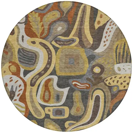 8' Coffee And Chocolate Round Abstract Washable Indoor Outdoor Area Rug Photo 4