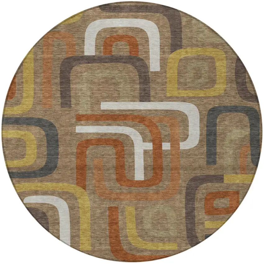 8' Coffee And Chocolate Round Geometric Washable Indoor Outdoor Area Rug Photo 4
