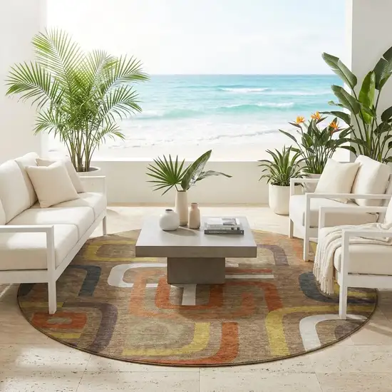 8' Coffee And Chocolate Round Geometric Washable Indoor Outdoor Area Rug Photo 1