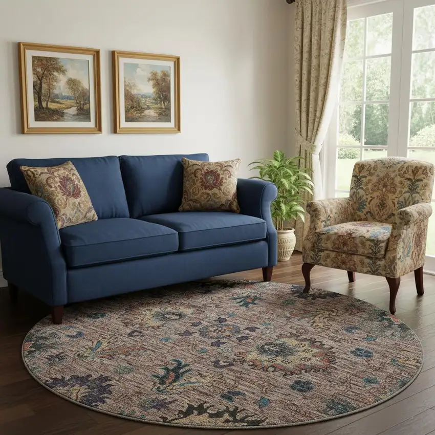 8' Coffee And Copper Oriental Washable Round Rug With UV Protection Photo 2