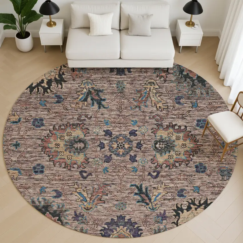 8' Coffee And Copper Oriental Washable Round Rug With UV Protection Photo 5