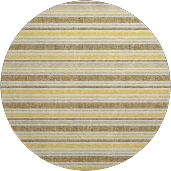 8' Coffee And Gold Striped Washable Round Rug With UV Protection Photo 1