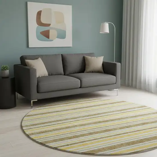 8' Coffee And Gold Striped Washable Round Rug With UV Protection Photo 2